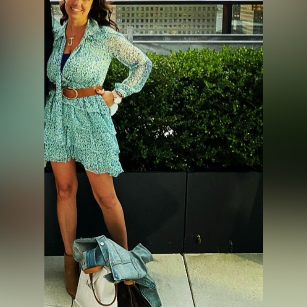Zara seafoam green and blue speckle ruffle layered dress